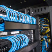 Ethernet cables and path panel in rack cabinet